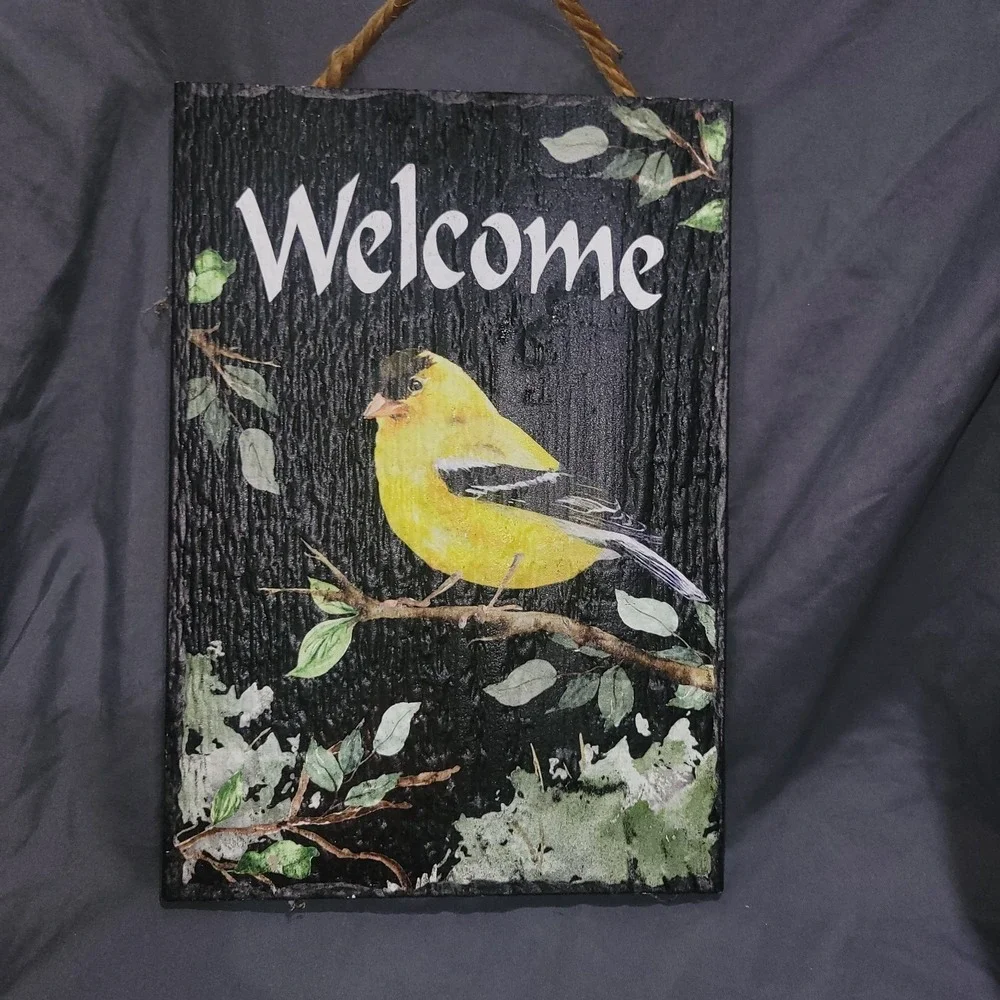 Wooden Goldfinch Bird Welcome Sign Wall Door Hanging Hand Painted